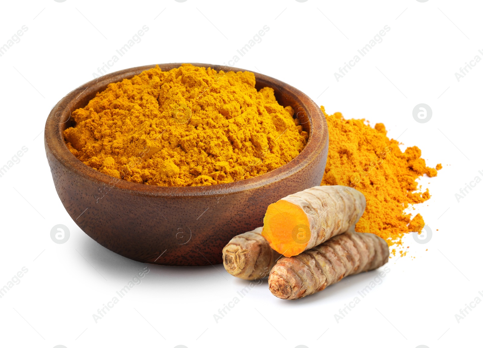 Image of Turmeric powder and fresh root isolated on white