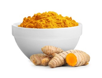 Image of Turmeric powder in bowl and fresh root isolated on white