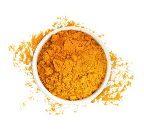 Image of Turmeric powder isolated on white, top view. Aromatic spice