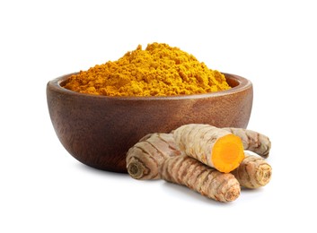 Image of Turmeric powder in bowl and fresh root isolated on white