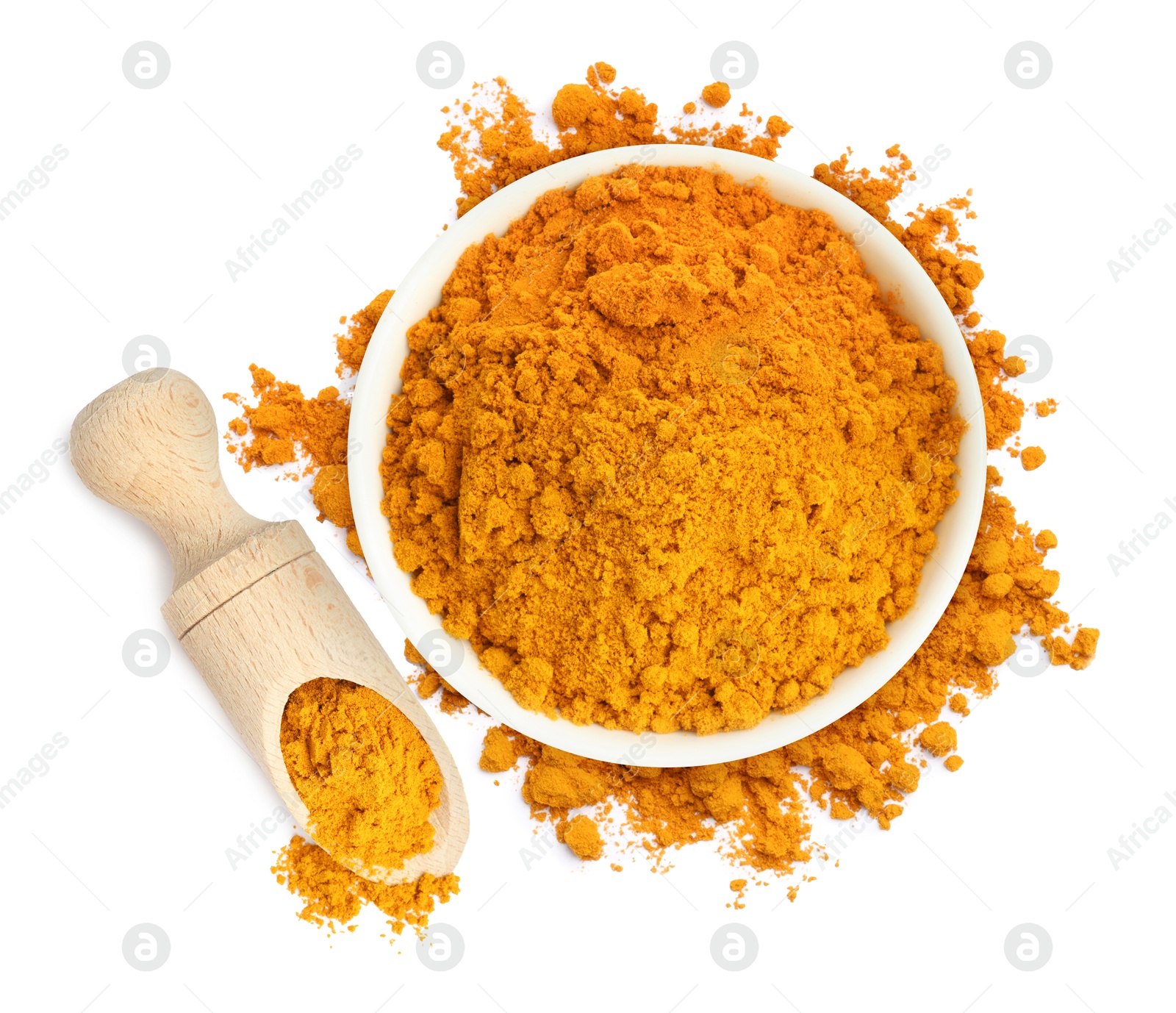 Image of Turmeric powder isolated on white, top view. Aromatic spice