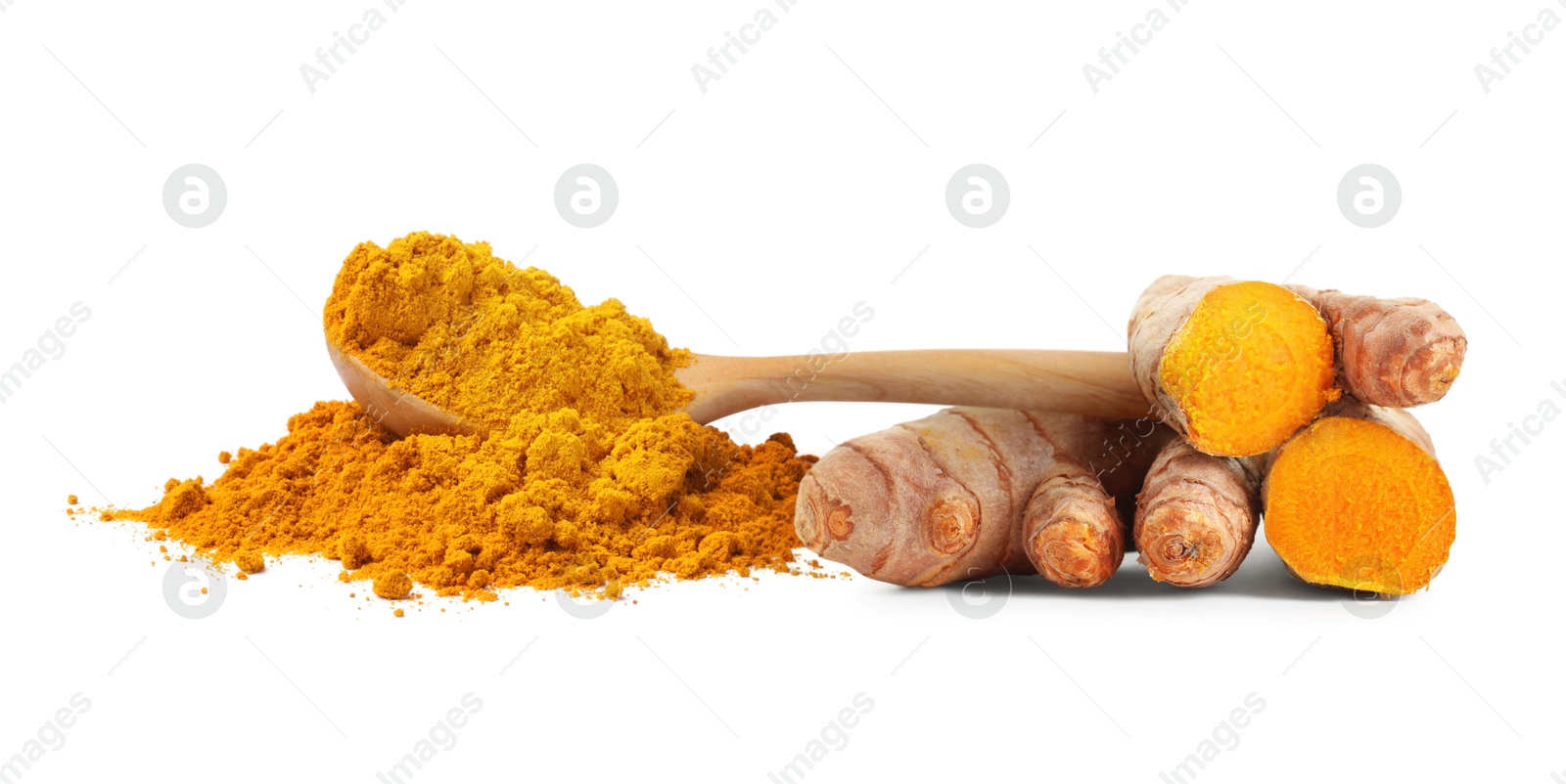 Image of Turmeric powder and fresh root isolated on white