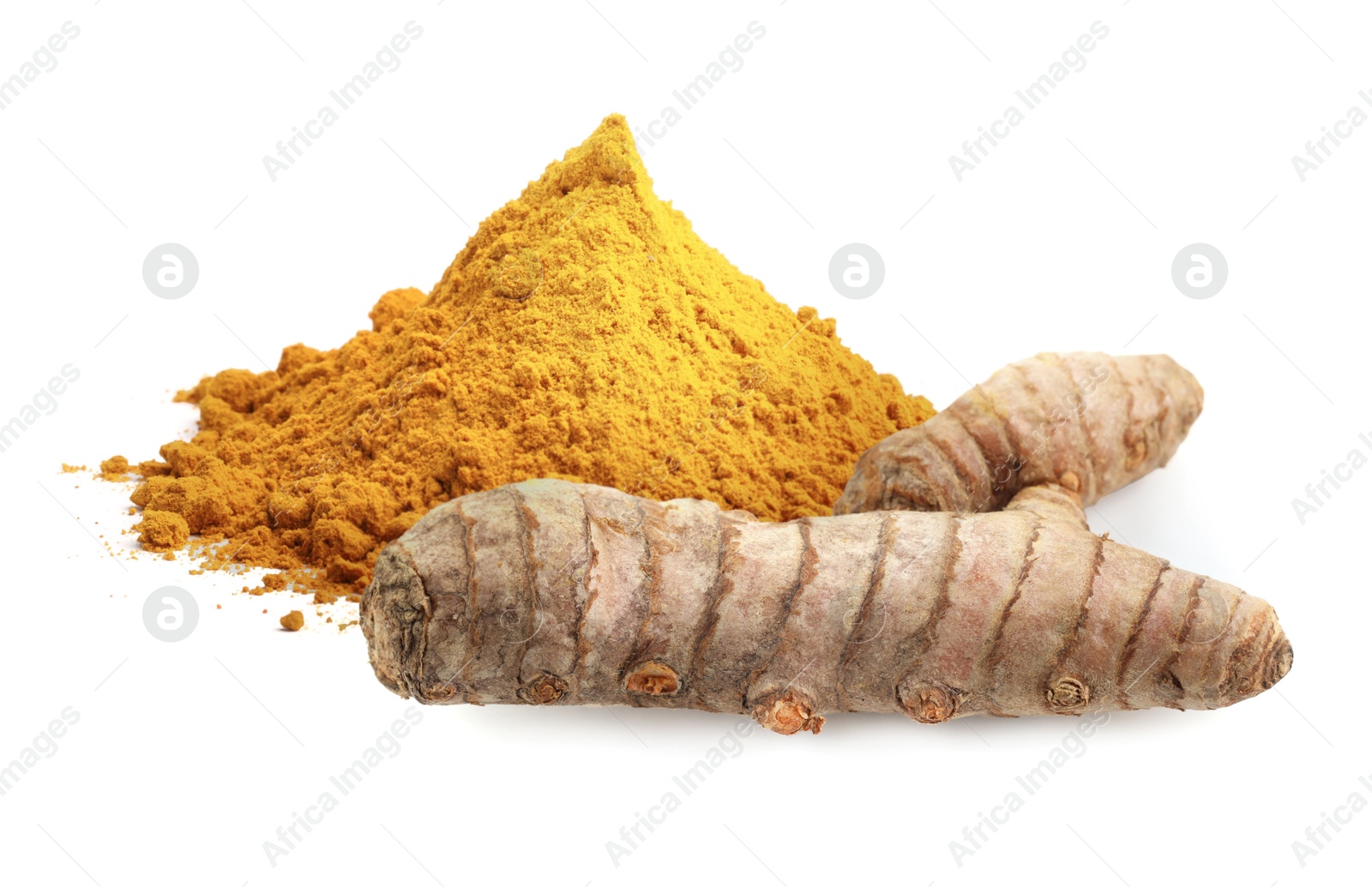 Image of Turmeric powder and fresh root isolated on white