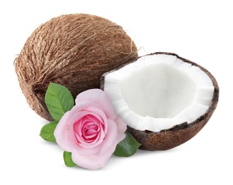 Image of Coconuts and pink rose flower with green leaves isolated on white