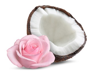 Image of Coconut and pink rose flower isolated on white