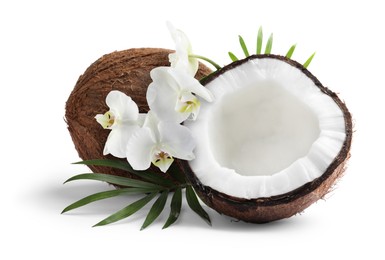 Image of Coconuts, orchid flowers and green leaves isolated on white