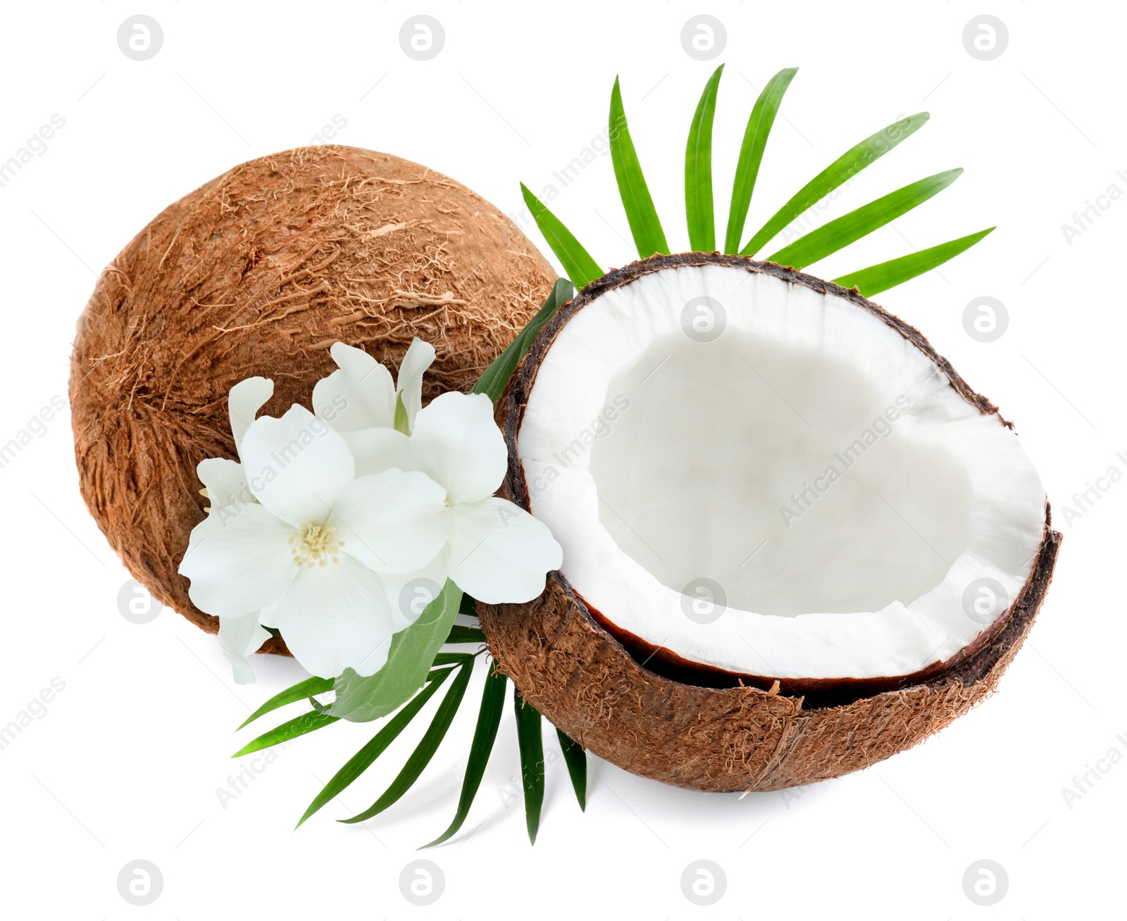 Coconuts, jasmine flowers and green leaves isolated on white Image of Coconuts, jasmine flowers and green leaves isolated on white