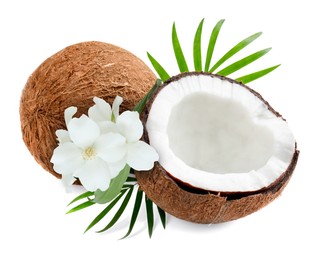 Image of Coconuts, jasmine flowers and green leaves isolated on white