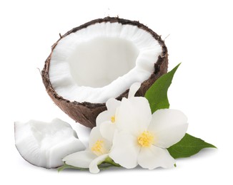 Image of Coconut and jasmine flowers with green leaves isolated on white