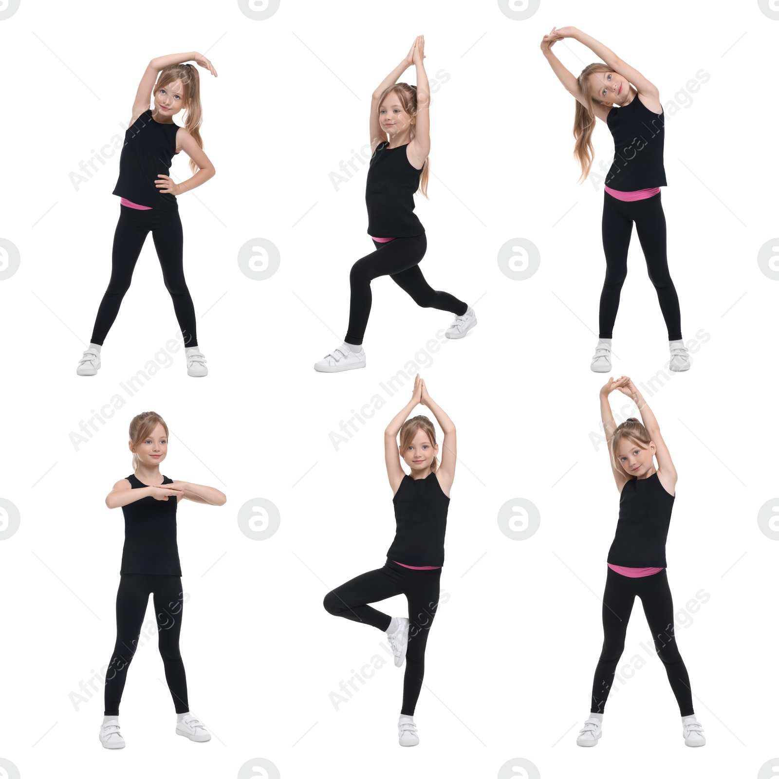 Image of Little girl doing sport exercises on white background, collage