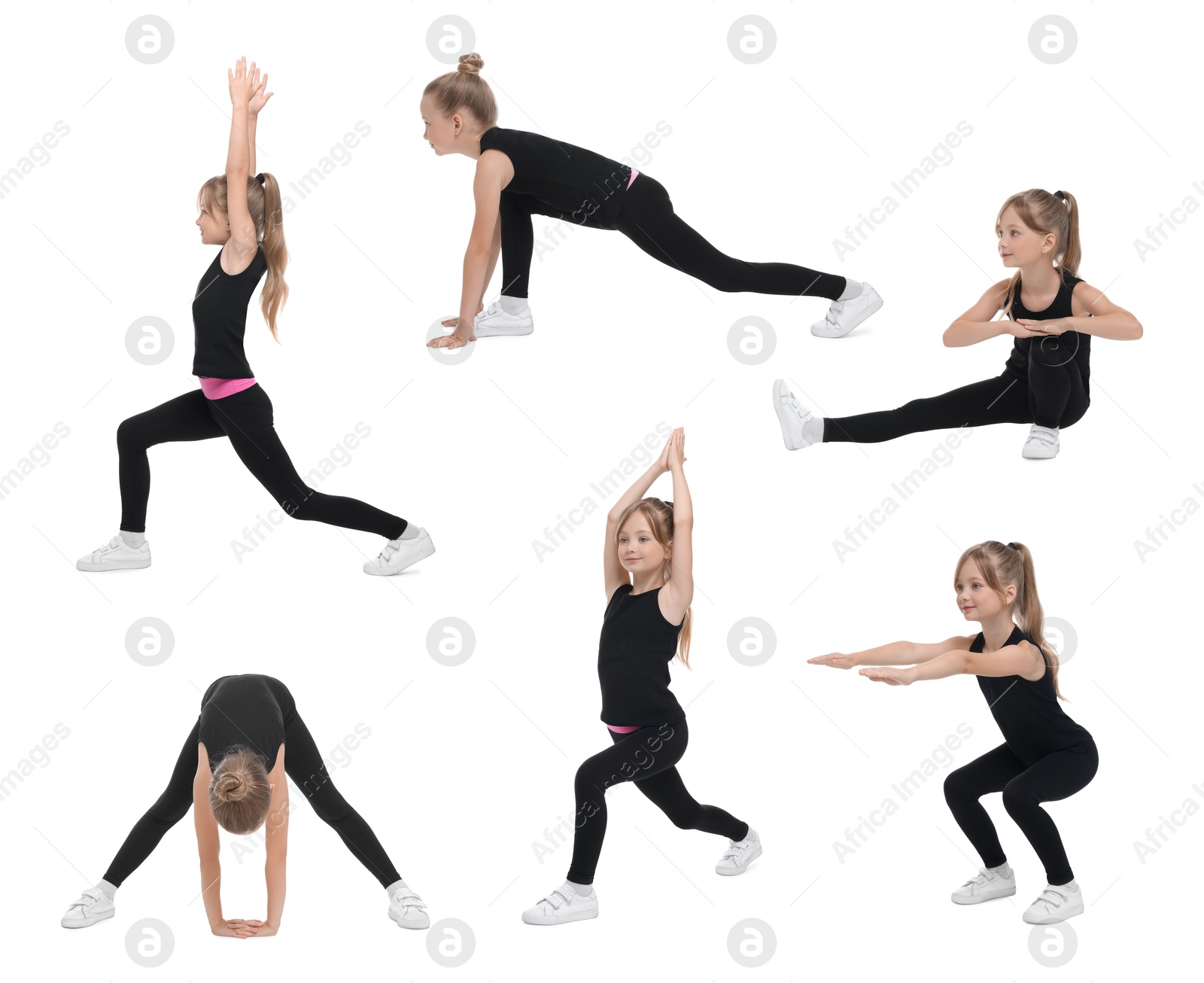 Image of Little girl doing sport exercises on white background, collage