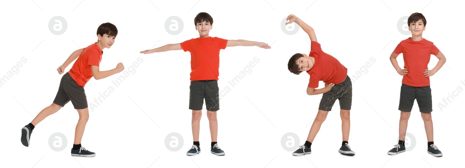 Image of Little boy doing sport exercises on white background, collage