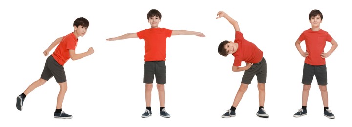 Image of Little boy doing sport exercises on white background, collage