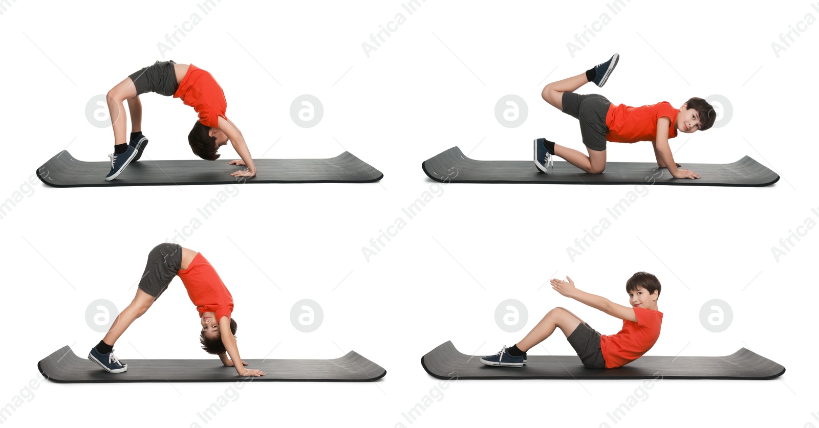 Image of Little boy doing sport exercises on white background, collage