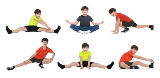 Little boy doing sport exercises on white background, collage