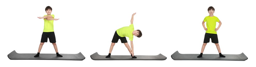 Little boy doing sport exercises on white background, collage