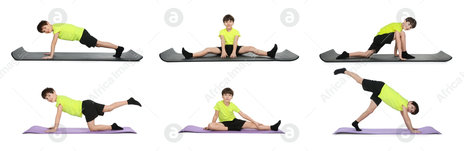 Image of Little boy doing sport exercises on white background, collage