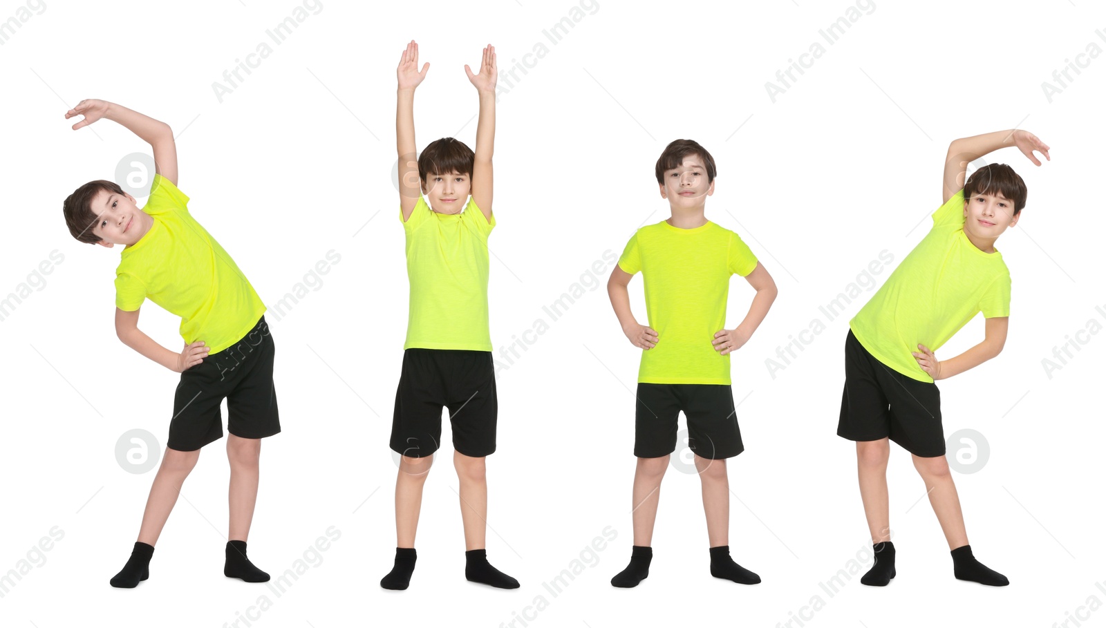 Image of Little boy doing sport exercises on white background, collage