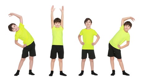 Image of Little boy doing sport exercises on white background, collage