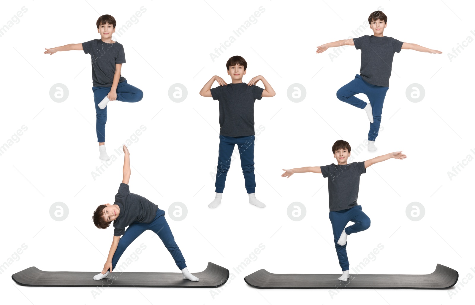 Image of Little boy doing sport exercises on white background, collage