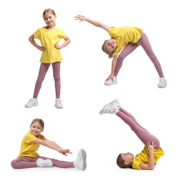 Image of Little girl doing sport exercises on white background, collage