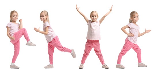 Image of Little girl doing sport exercises on white background, collage