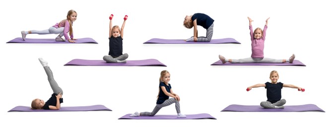 Image of Little girl doing sport exercises on white background, collage