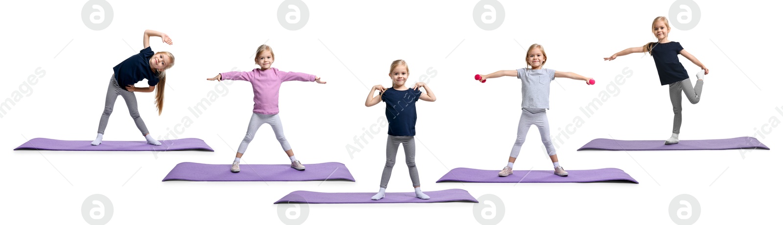 Image of Little girl doing sport exercises on white background, collage