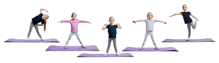 Little girl doing sport exercises on white background, collage