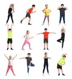 Image of Little boy and girls doing sport exercises on white background, collage