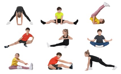 Image of Little boy and girls doing sport exercises on white background, collage