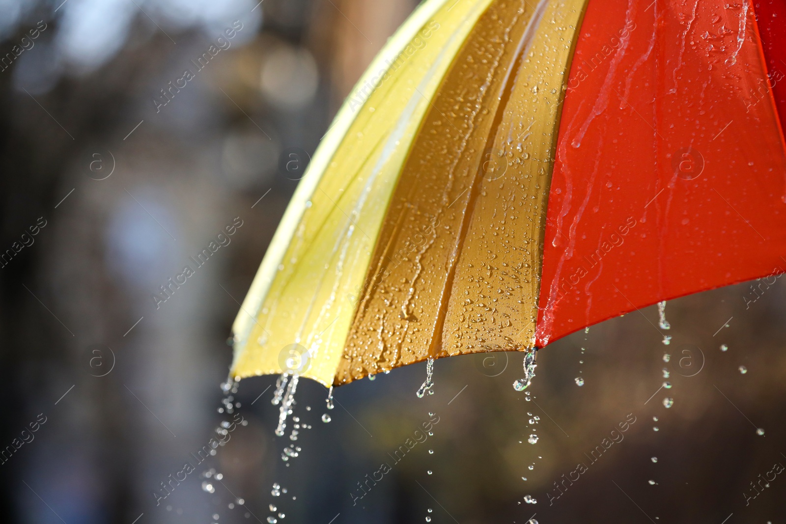 Photo of Open bright umbrella under pouring rain outdoors, closeup