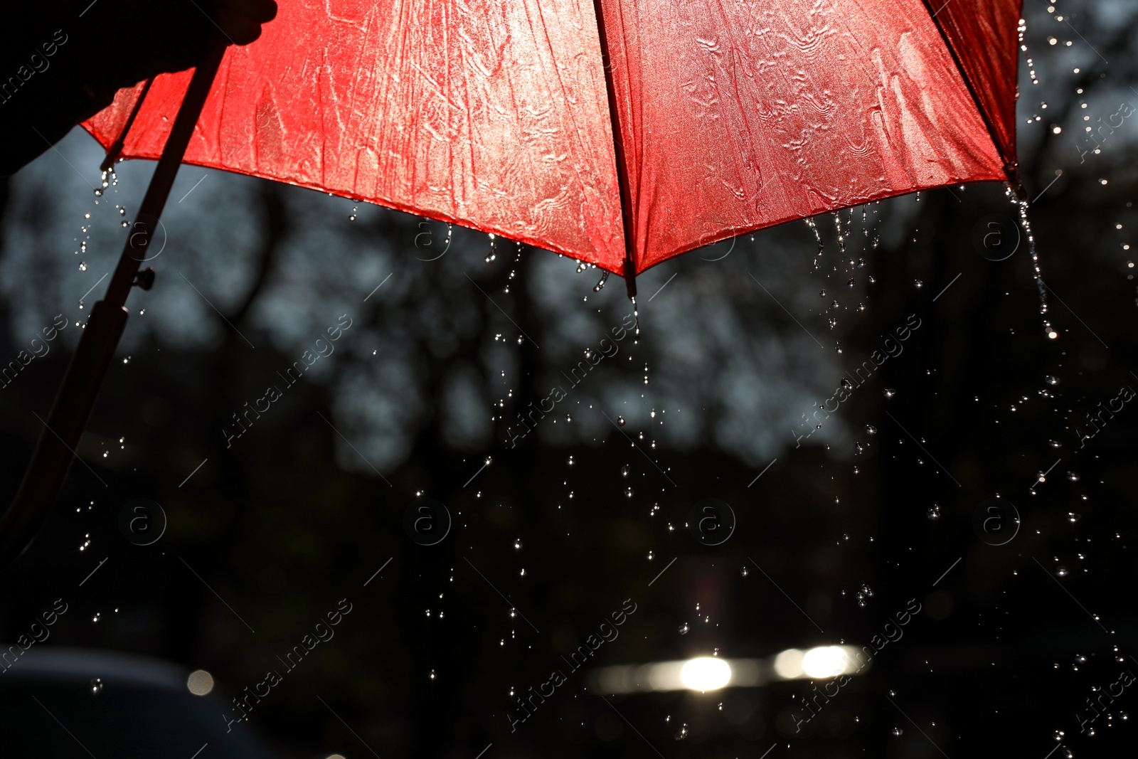 Photo of Open red umbrella under pouring rain outdoors, closeup