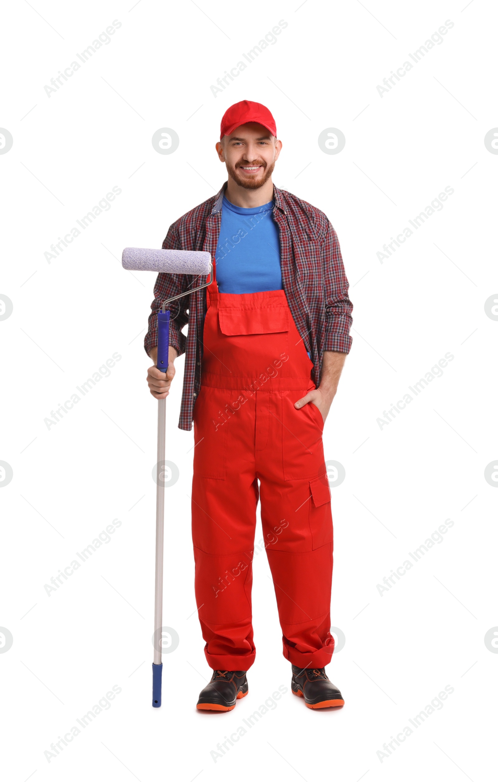 Photo of Professional painter with roller on white background