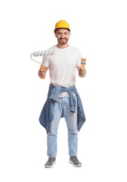 Man wearing hardhat with roller and brush on white background