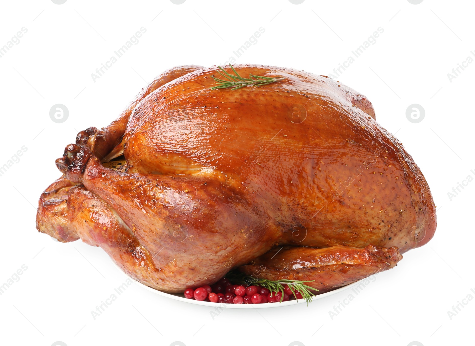 Photo of Whole baked turkey with cranberries and rosemary isolated on white