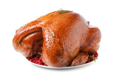 Photo of Whole baked turkey with cranberries and rosemary isolated on white