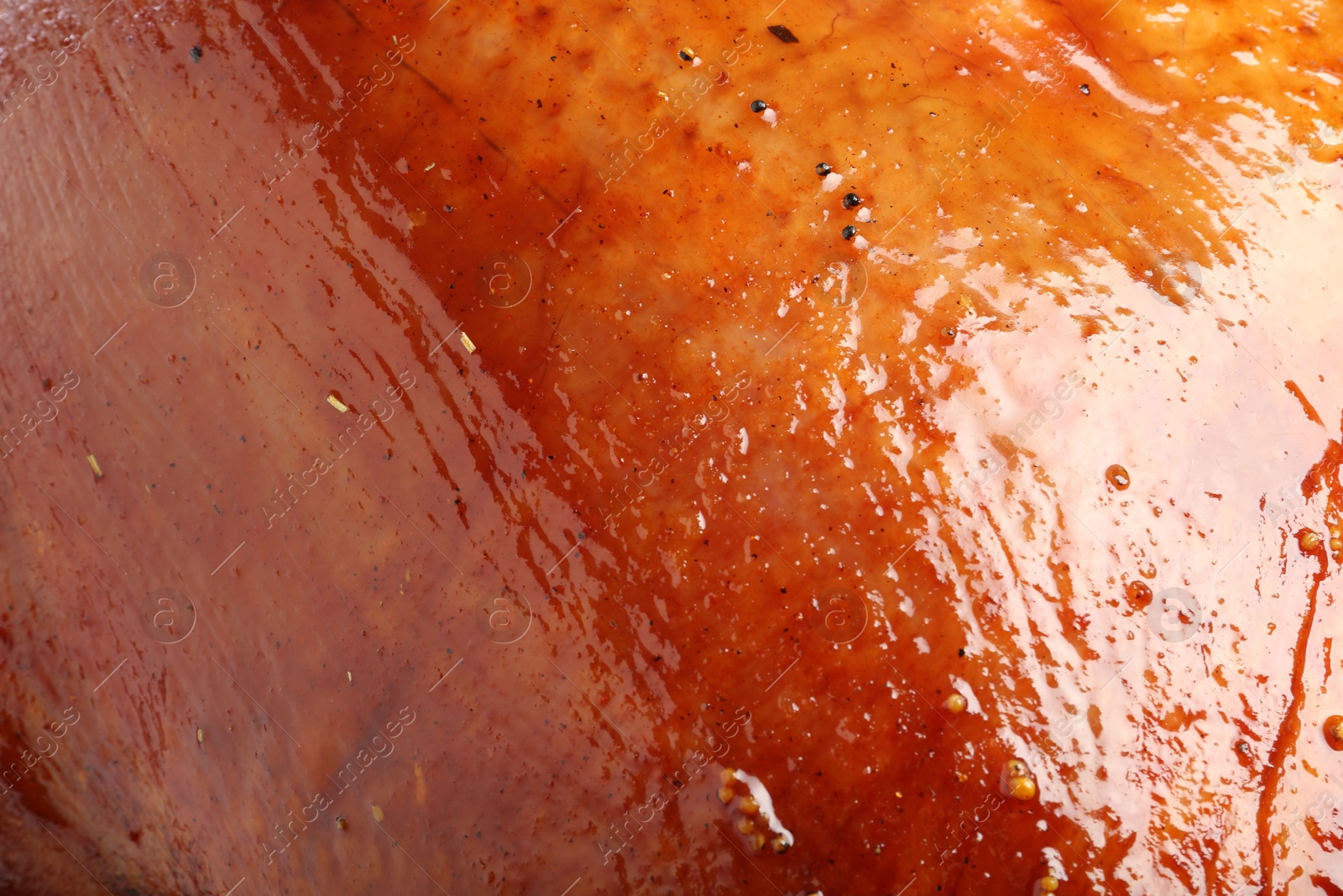 Photo of Delicious freshly baked turkey as background, closeup