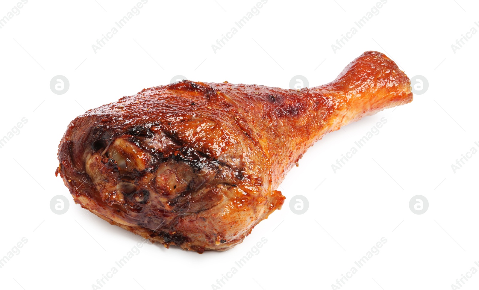 Photo of Delicious baked turkey drumstick isolated on white