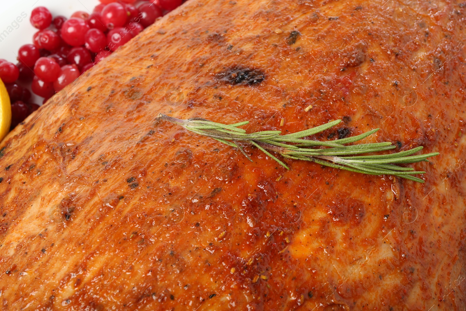 Photo of Piece of delicious baked turkey with cranberries and rosemary, closeup