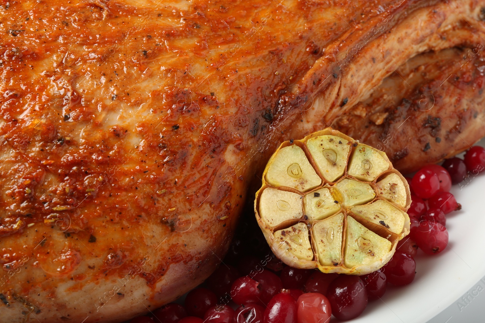 Photo of Piece of delicious baked turkey with cranberries and garlic, closeup