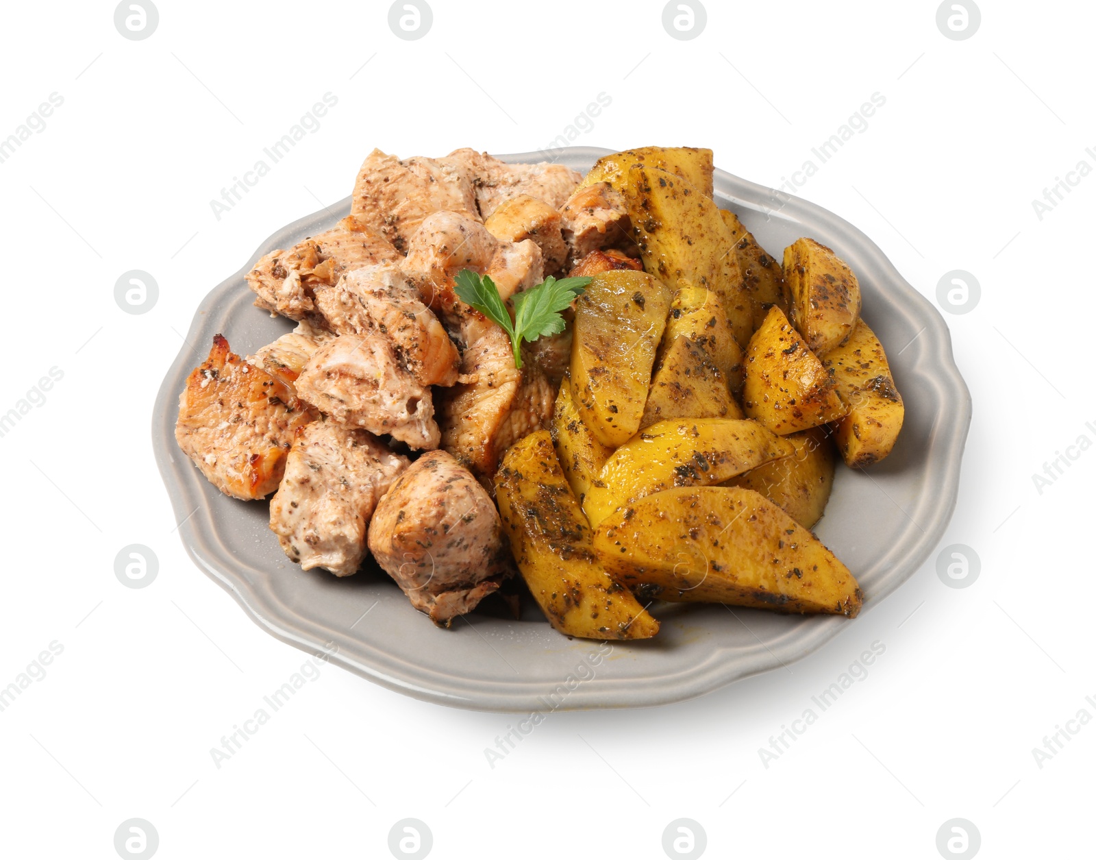 Photo of Pieces of delicious baked turkey and potatoes isolated on white