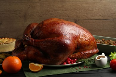 Photo of Whole baked turkey and other dishes served on black wooden table