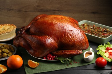 Photo of Whole baked turkey and other dishes served on black wooden table