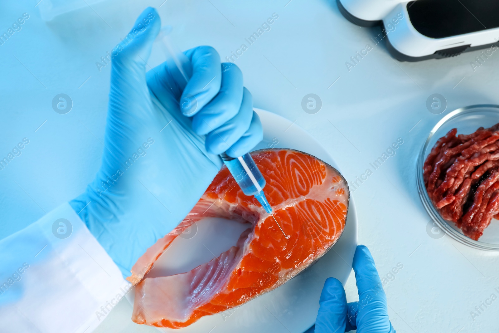 Photo of GMO concept. Scientist injecting something into piece of salmon at table in laboratory, closeup