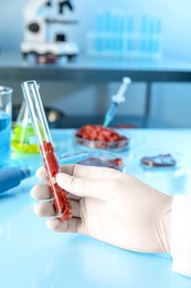 Photo of GMO concept. Scientist with meat in test tube at table, closeup