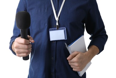 Photo of Journalist with microphone and notebook on white background, closeup