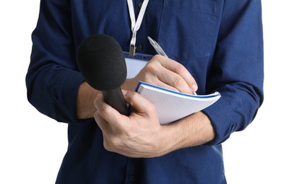 Photo of Journalist with microphone taking notes on white background, closeup