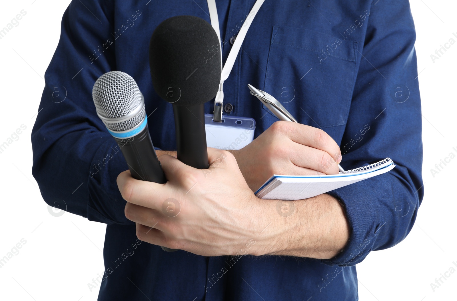 Photo of Journalist with microphones taking notes on white background, closeup