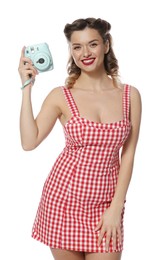 Photo of Happy pin-up woman with camera on white background